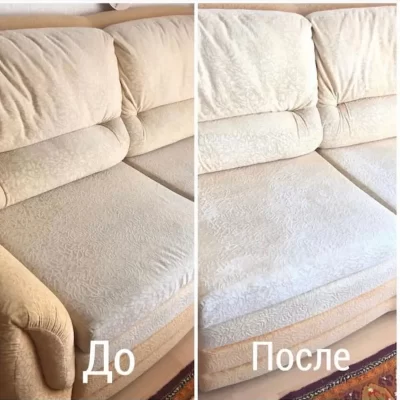 Чистка трехместного дивана до и после - белая обивка, полное обновление